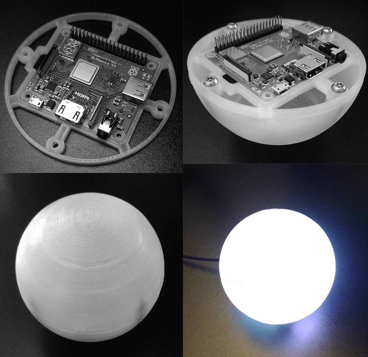 Kuu internals. The Raspberry Pi boots off an SD card (not good for Urbit due to low speed and wear resilience) and drives two WS2812 RGB LEDs